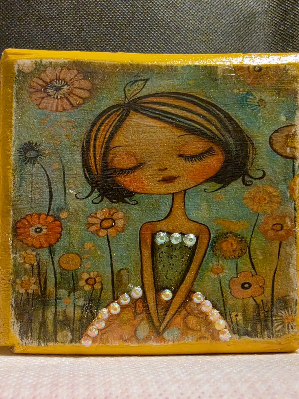 Whimsical Girl Floral Wooden Art - Golden Yellow and Teal